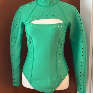 GIGI C Green Fitted Bodysuit with Cut-Out Mandarin Collar